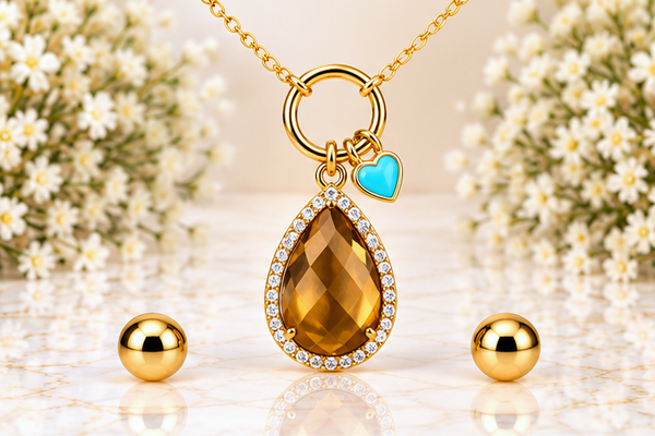 Cognac and Heart Necklace & Earring Set – 18K Gold Plated