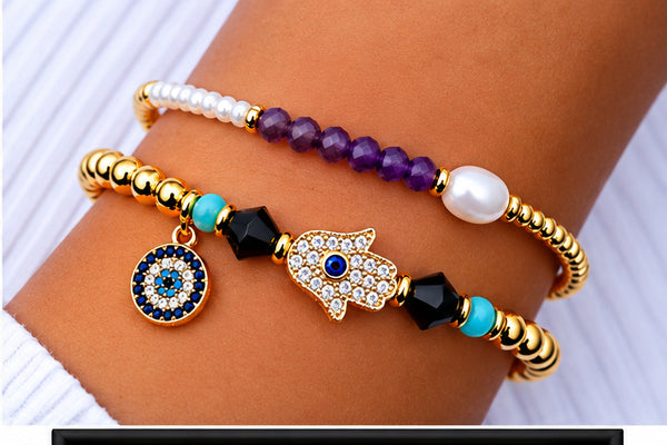 Zircon and Hamsa Bracelet Set – 18K Gold Plated Purple