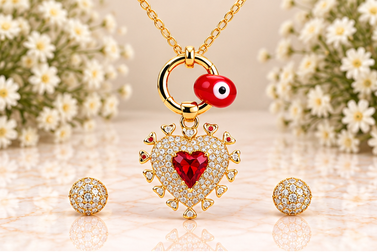 Red Heart with Eye Necklace/Earring Set