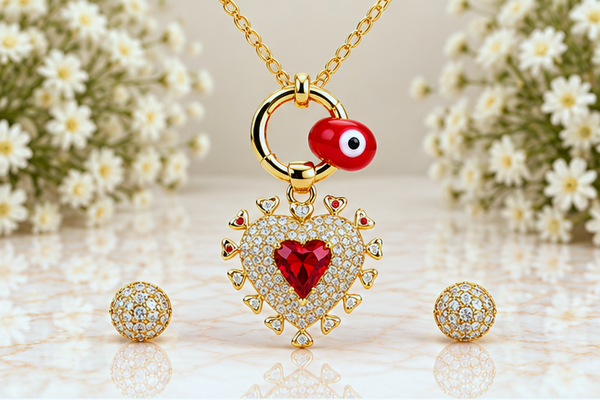 Red Heart with Eye Necklace & Earring Set – 18K Gold Plated