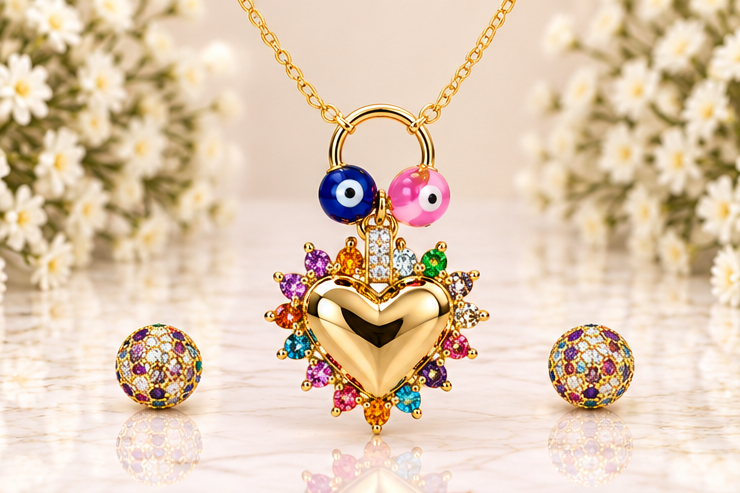 Multi-Color Heart & Eye Necklace/Earring Set