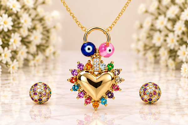 Multi-Color Heart & Eye Necklace/Earring Set – 18K Gold Plated