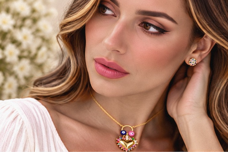Multi-Color Heart & Eye Necklace/Earring Set