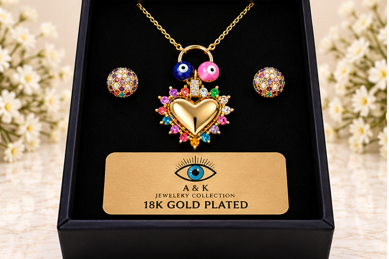 Multi-Color Heart & Eye Necklace/Earring Set