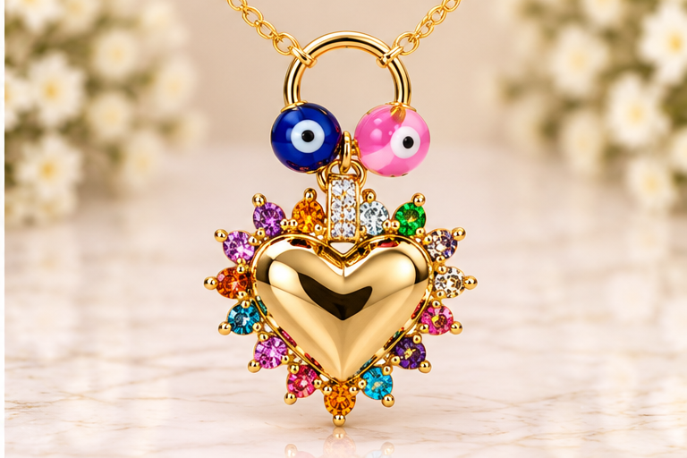 Multi-Color Heart & Eye Necklace/Earring Set