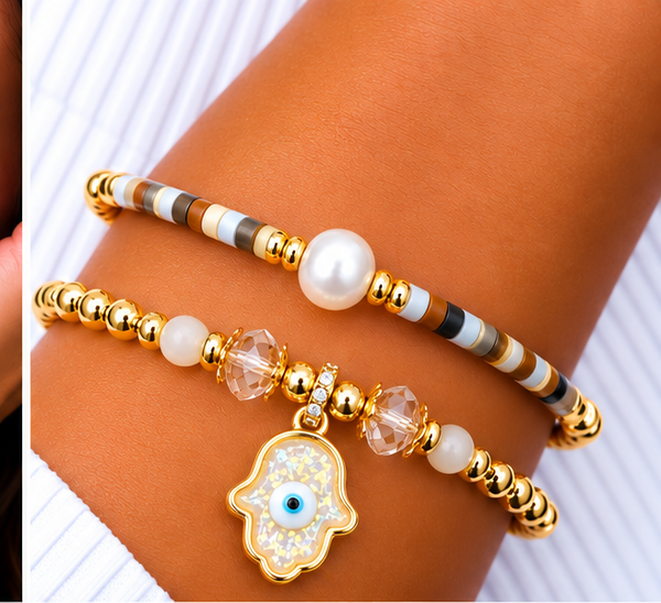 Resin Hamsa Bracelet Set – 18K Gold Plated White