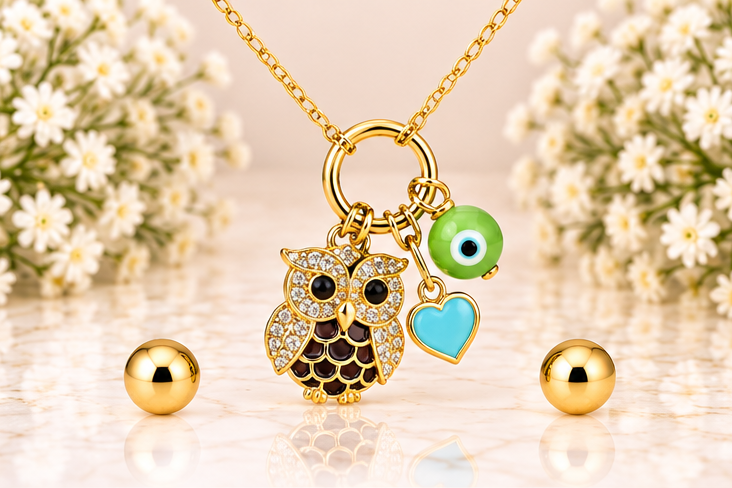 Black Owl & Eye/Heart Necklace/Earring Set