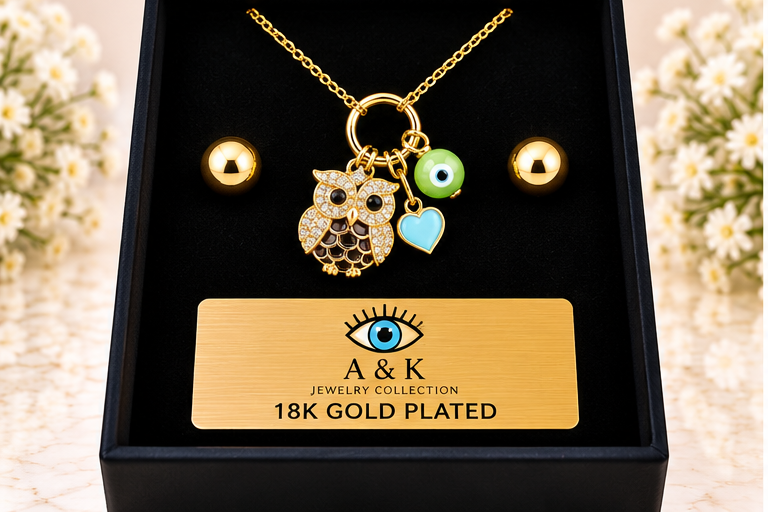 Black Owl & Eye/Heart Necklace/Earring Set