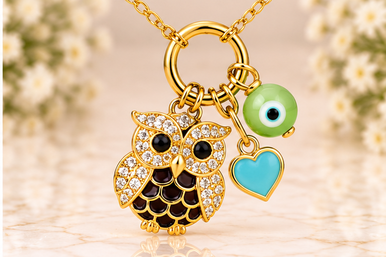 Black Owl & Eye/Heart Necklace/Earring Set