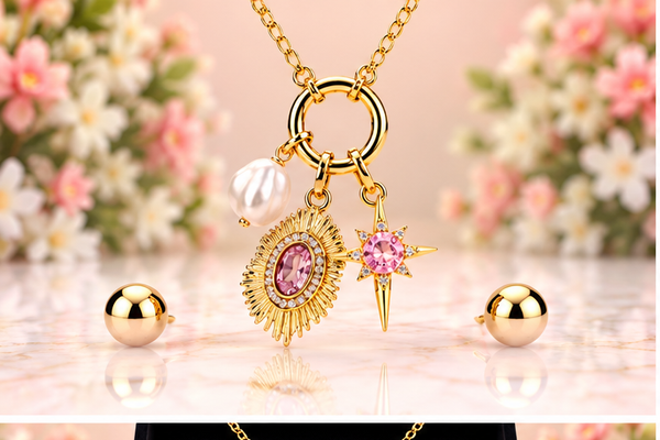 Pink Round with Eye Necklace/Earring Set – 18K Gold Plated