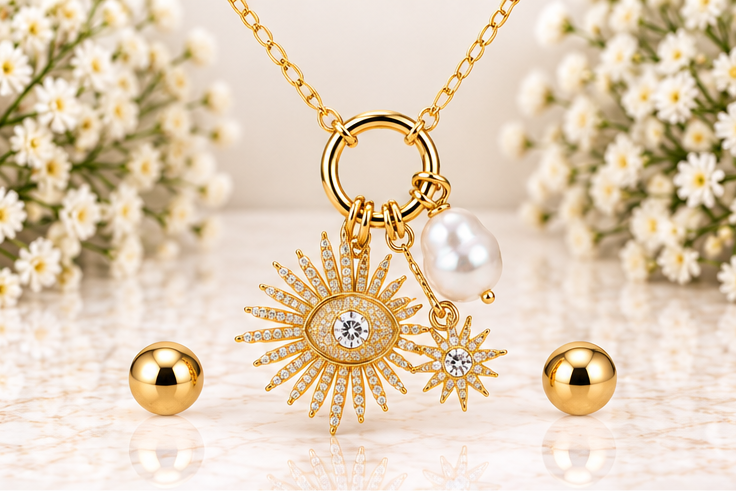 Gold Sun Star Necklace/Earring Set