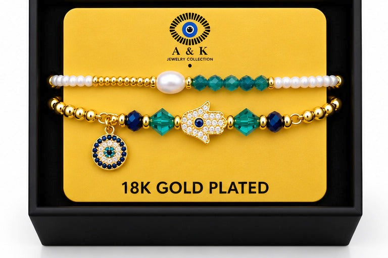 Zircon and Hamsa Bracelet Set