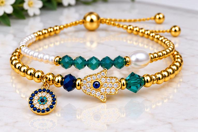 Zircon and Hamsa Bracelet Set