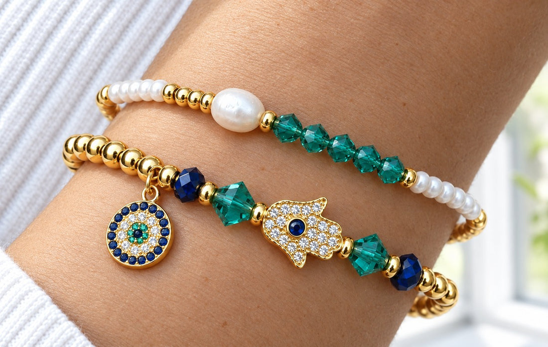 Zircon and Hamsa Bracelet Set
