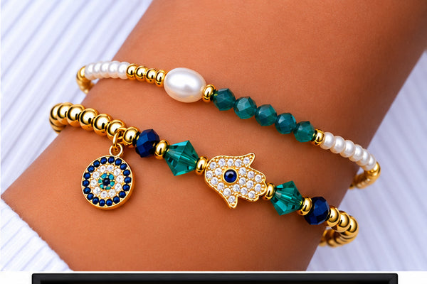 Zircon and Hamsa Bracelet Set – 18K Gold Plated Green