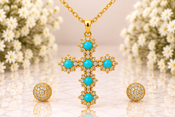 Turquoise Cross Necklace/Earring Set