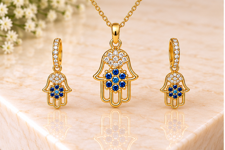 Blue Eye Hamsa Necklace Set