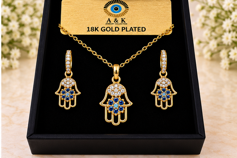 Blue Eye Hamsa Necklace Set