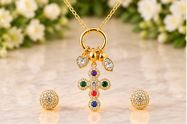 Multicolored Cross Necklace & Earring Set – 18K Gold Plated