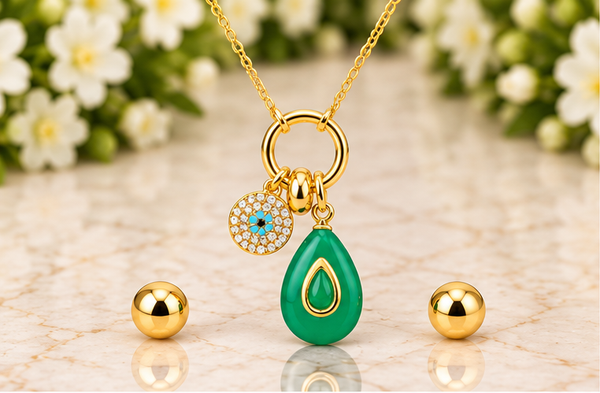 Green Natural Stone Drop Necklace & Earring Set – 18K Gold Plated