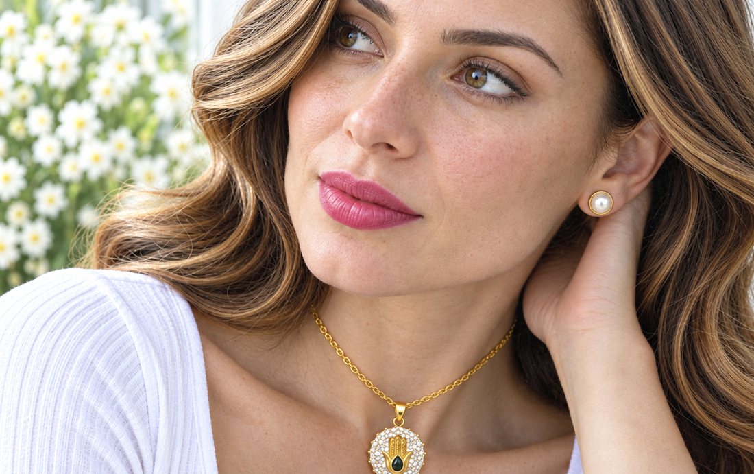 White Circle and Black Hamsa Necklace & Earring Set
