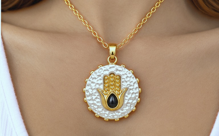 White Circle and Black Hamsa Necklace & Earring Set