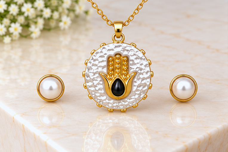 White Circle and Black Hamsa Necklace & Earring Set