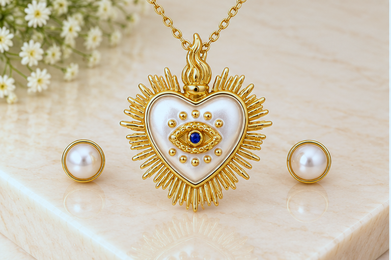 Heart and Evil Eye Necklace & Earring Set