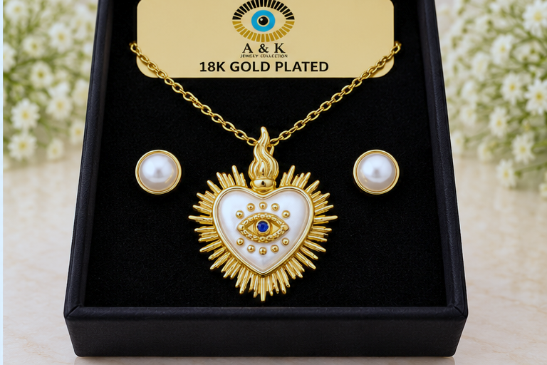 Heart and Evil Eye Necklace & Earring Set