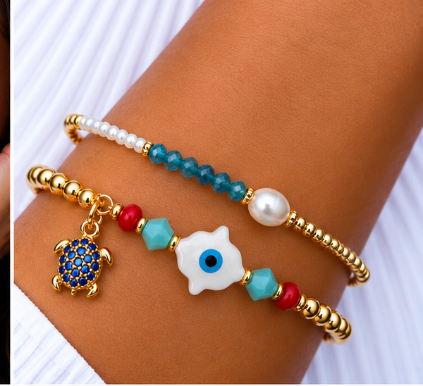 Shell Hamsa Bracelet Set – 18K Gold Plated Green