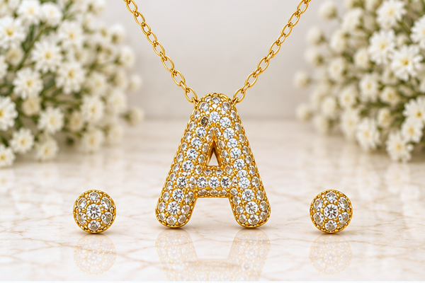Initial Letter Necklace & Earring Set – 18K Gold Plated