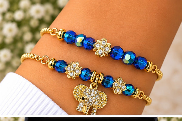 Elephant Charm Bracelet Set – 18K Gold Plated Blue