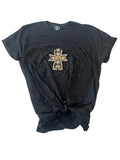 Black T-Shirt Rhinestones & Cross Patch