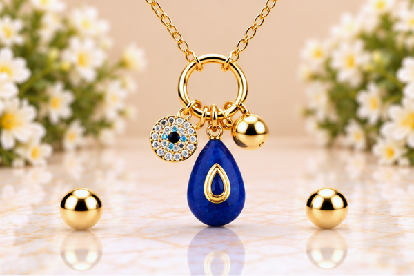 Blue Natural Stone Drop Necklace & Earring Set – 18K Gold Plated