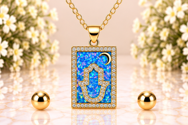 Square Blue Hamsa Necklace/Earring Set