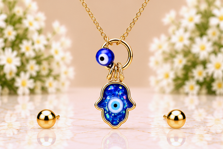 Blue Hamsa with Eye Necklace & Earring Set