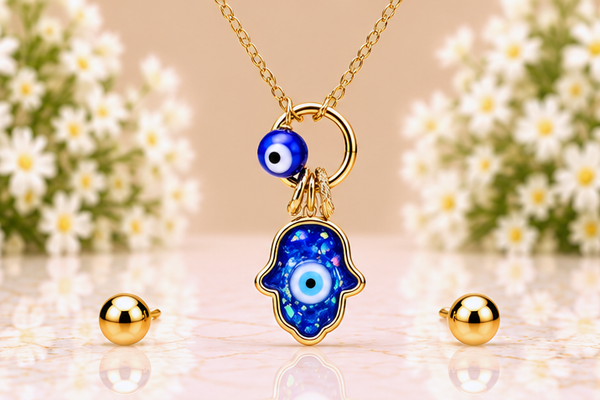 Blue Hamsa with Eye Necklace & Earring Set – 18K Gold Plated