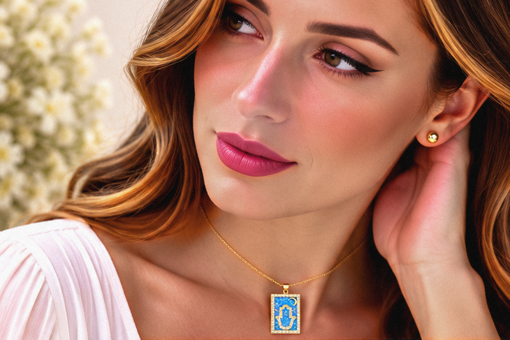 Square Blue Hamsa Necklace/Earring Set