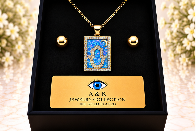 Square Blue Hamsa Necklace/Earring Set