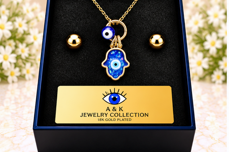 Blue Hamsa with Eye Necklace & Earring Set