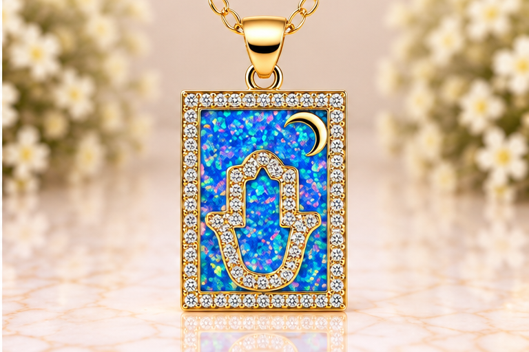 Square Blue Hamsa Necklace/Earring Set