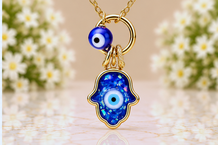Blue Hamsa with Eye Necklace & Earring Set