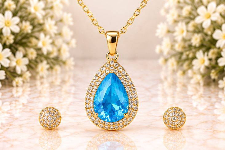 Blue Tear Drop Necklace/Earring Set