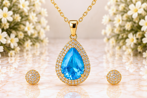 Blue Tear Drop Necklace & Earring Set – 18K Gold Plated