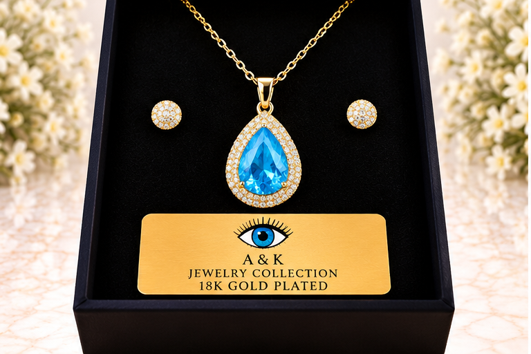 Blue Tear Drop Necklace/Earring Set