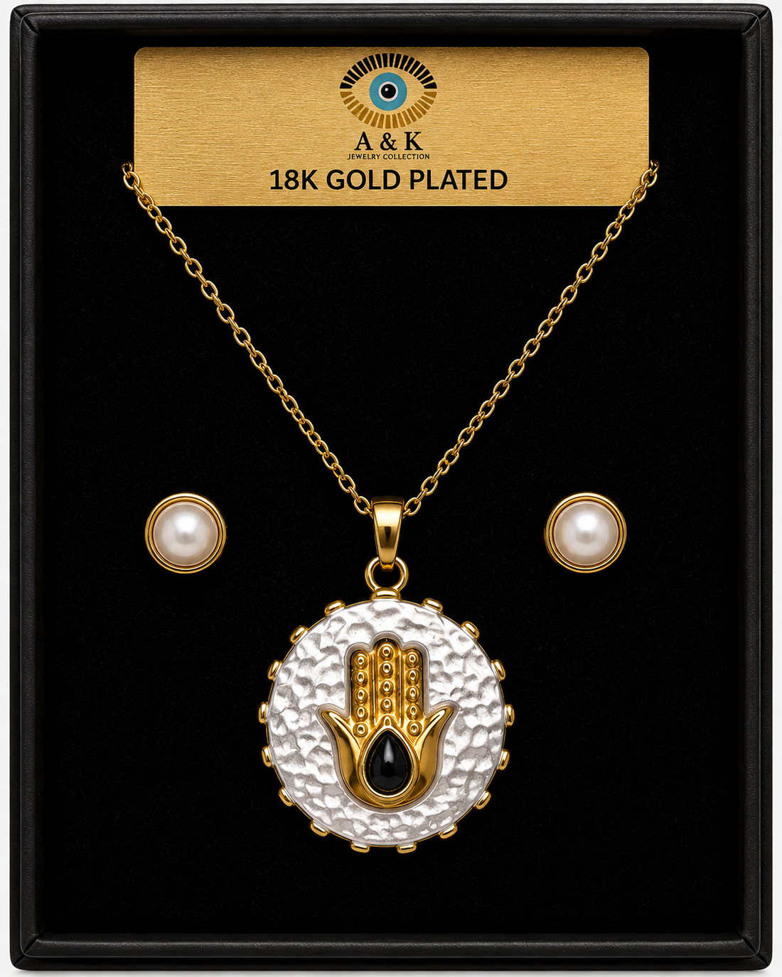 White Circle and Black Hamsa Necklace Set
