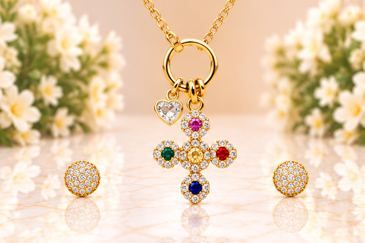 Multicolored Cross Necklace & Earring Set