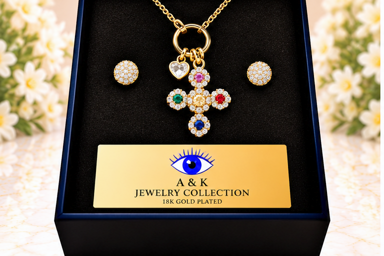 Multicolored Cross Necklace & Earring Set
