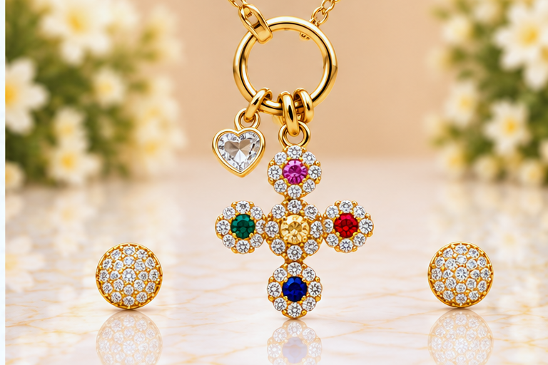 Multicolored Cross Necklace & Earring Set