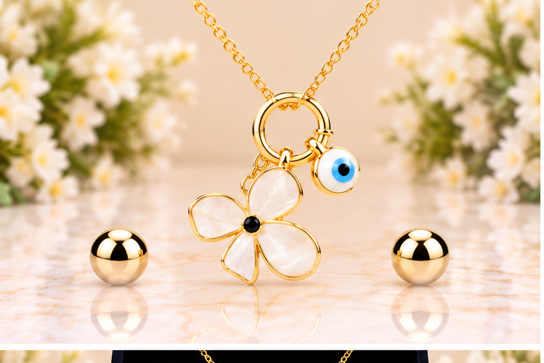 Flower with Eye Necklace/Earring Set